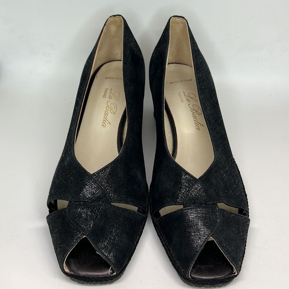 La Badia Peep Toe Black Wedges